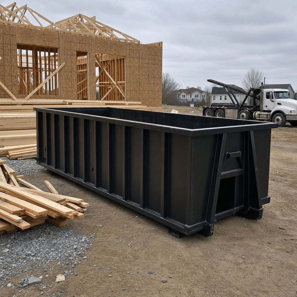 Matte-black 40-yard roll-off dumpster staged on a framed-out residential construction site in Oklahoma City, framing lumber stacked nearby, hooklift delivery truck visible in the background under bright Colorado daylight
