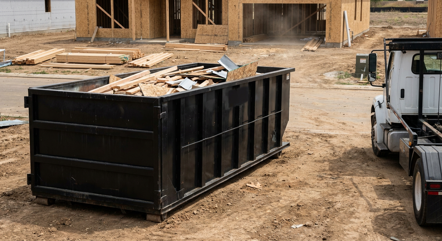 Matte-black 20-yard roll-off construction dumpster with heavy ribbed steel sidewalls and swing rear doors at a working jobsite in Oklahoma City, sitting directly on compacted dirt with an unmarked white hauler partially visible at the far edge of the frame.