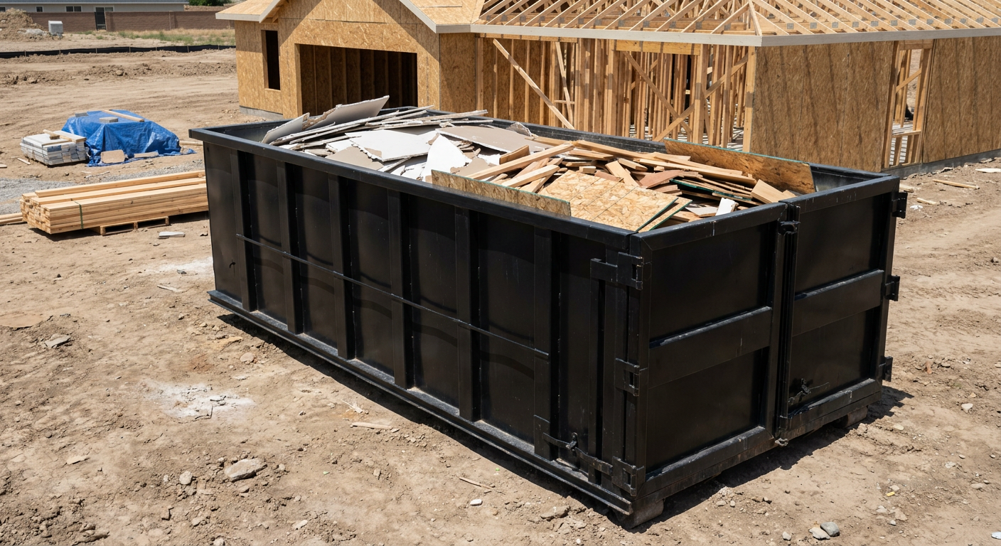Matte-black 30-yard roll-off construction dumpster sitting directly on the compacted-dirt site of a framed single-family home build in Oklahoma City, drywall and lumber scrap loaded inside.