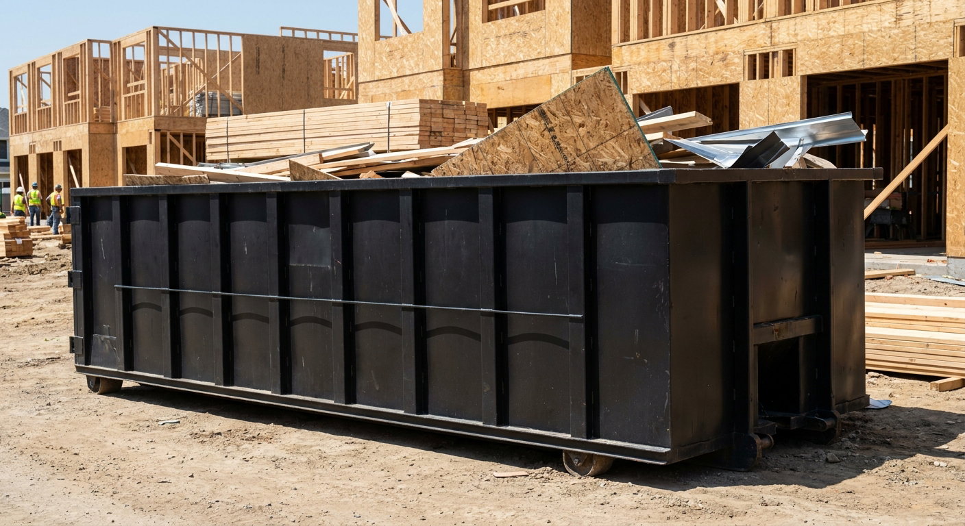 Matte-black 40-yard roll-off construction dumpster being lowered from a white-cab hooklift delivery truck onto the compacted-dirt jobsite at a commercial build site in Oklahoma City