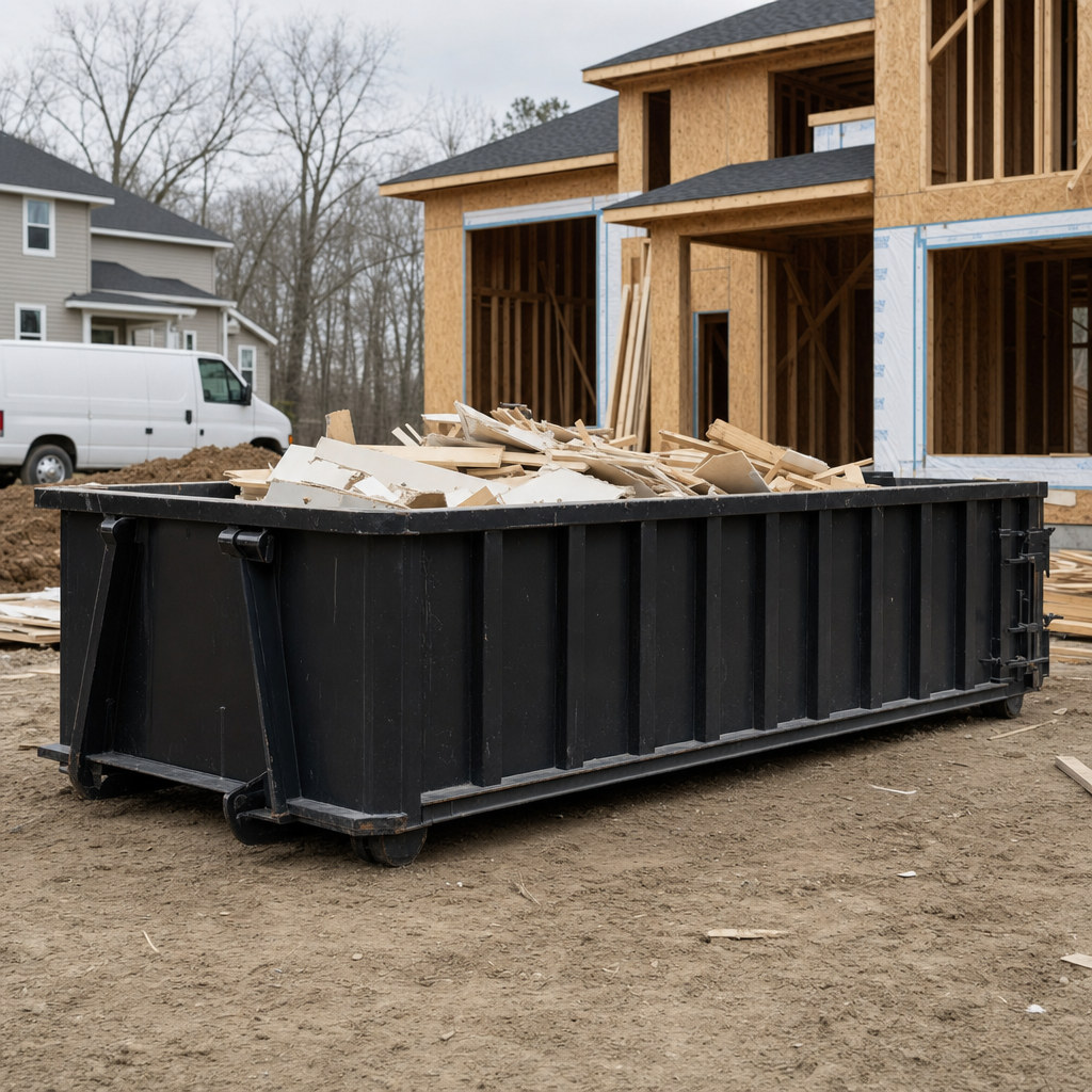 Worker in a yellow high-visibility vest tossing framing lumber and broken drywall into a matte-black 30-yard construction roll-off dumpster on an active build site in Oklahoma City, bright daylight