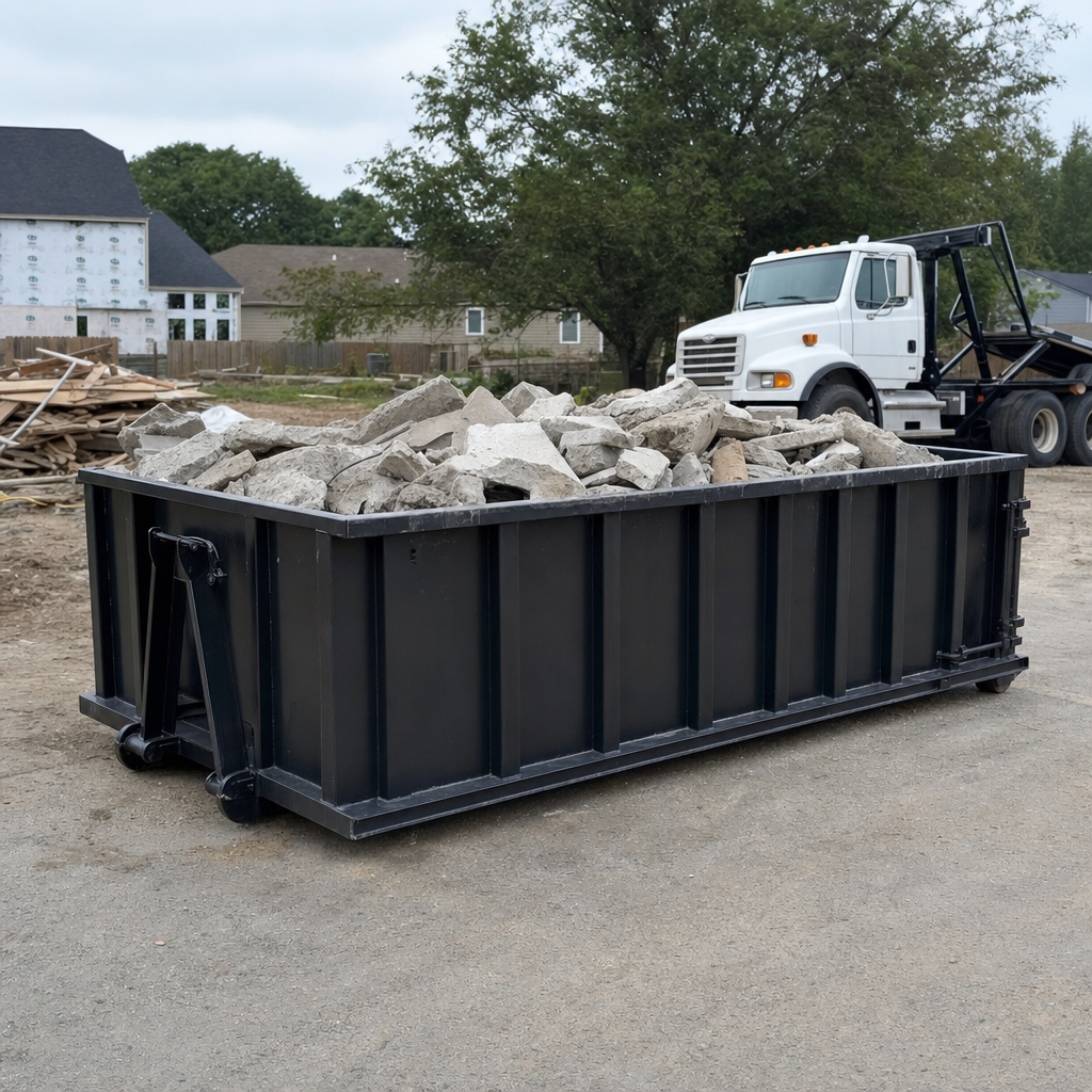 Low-profile matte-black lowboy roll-off dumpster loaded with broken concrete slab and rebar at a foundation tear-out in Oklahoma City, skid steer parked beside it, sunny Colorado morning
