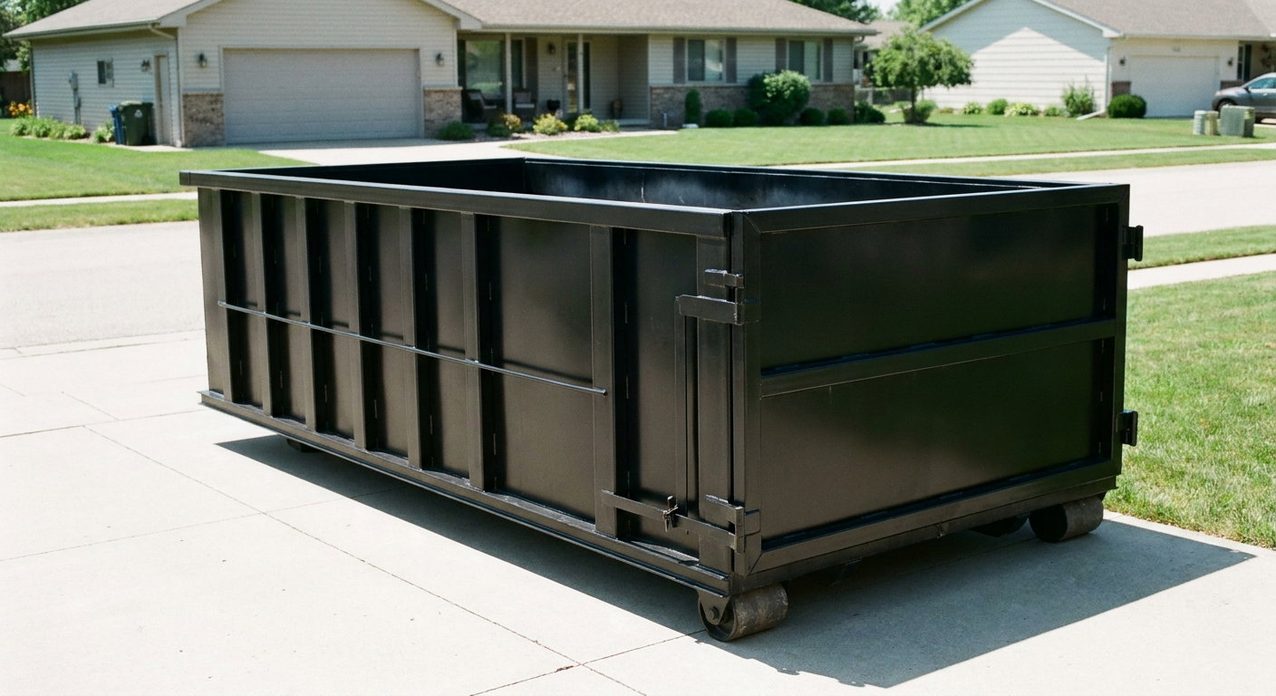 Matte-black 10-yard roll-off dumpster on a residential concrete driveway in Oklahoma City, uniformly painted matte black across every panel and rail, ribbed steel sidewalls and rear swing door visible, mid-day daylight.