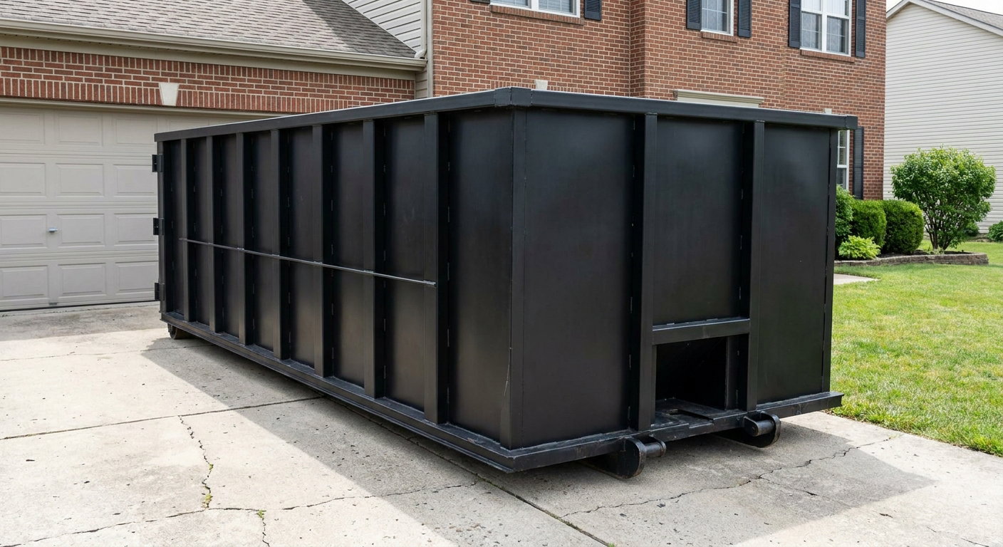 Matte-black 20-yard roll-off container on a Oklahoma City residential concrete driveway with reinforced ribbed steel sidewalls and a hinged rear walk-in door, clean bright daylight.