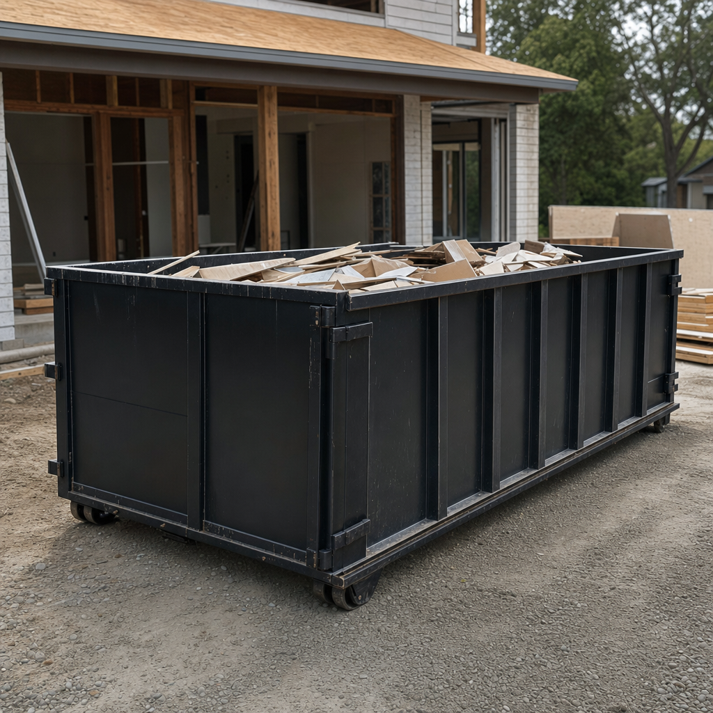 Large matte-black 30-yard construction roll-off dumpster at an active Oklahoma City jobsite, steel-gray top rails and bottom rollers visible, loaded with construction debris.