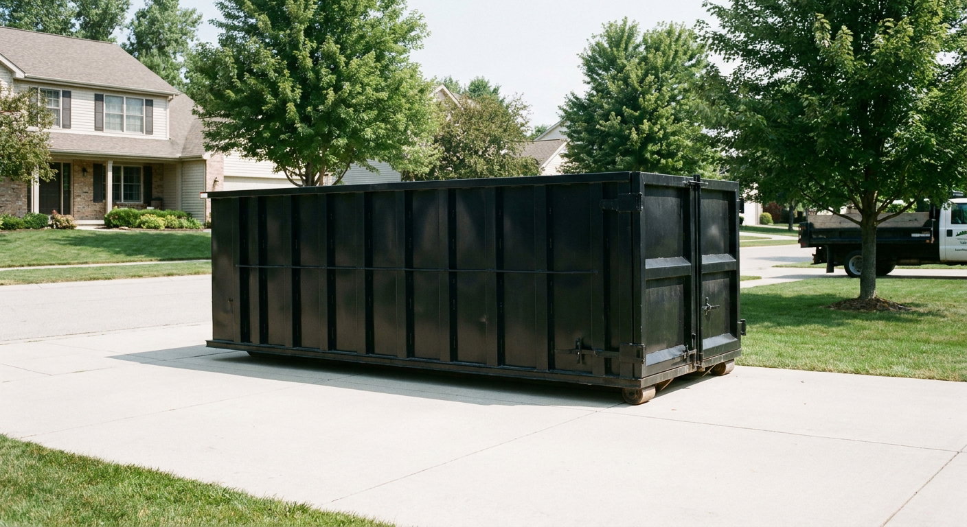 Matte-black 20-yard roll-off dumpster sitting level on a clean Oklahoma City residential concrete driveway under bright daylight, demonstrating clean placement directly on the concrete.