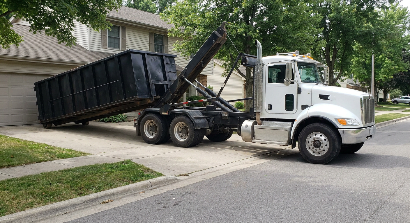 White-cab hooklift roll-off truck actively lowering a matte-black dumpster onto a Oklahoma City residential concrete driveway, the dumpster's rear wheels touching the driveway as the hoist arm tilts the bed forward, mid-morning daylight.