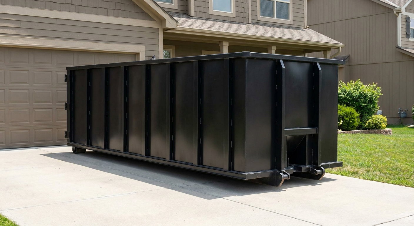 Matte-black residential roll-off dumpster sitting directly on a suburban Oklahoma City concrete driveway, garage door closed, single-family home in background, bright morning daylight.