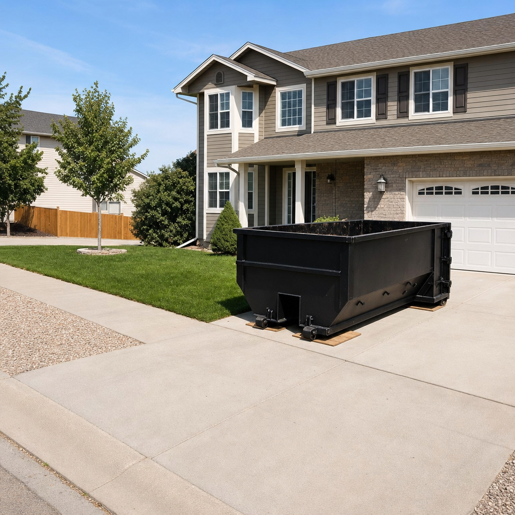10-yard matte-black residential dumpster placed directly on a narrow Oklahoma City concrete driveway, room remains for a parked sedan beside it, mid-morning natural light