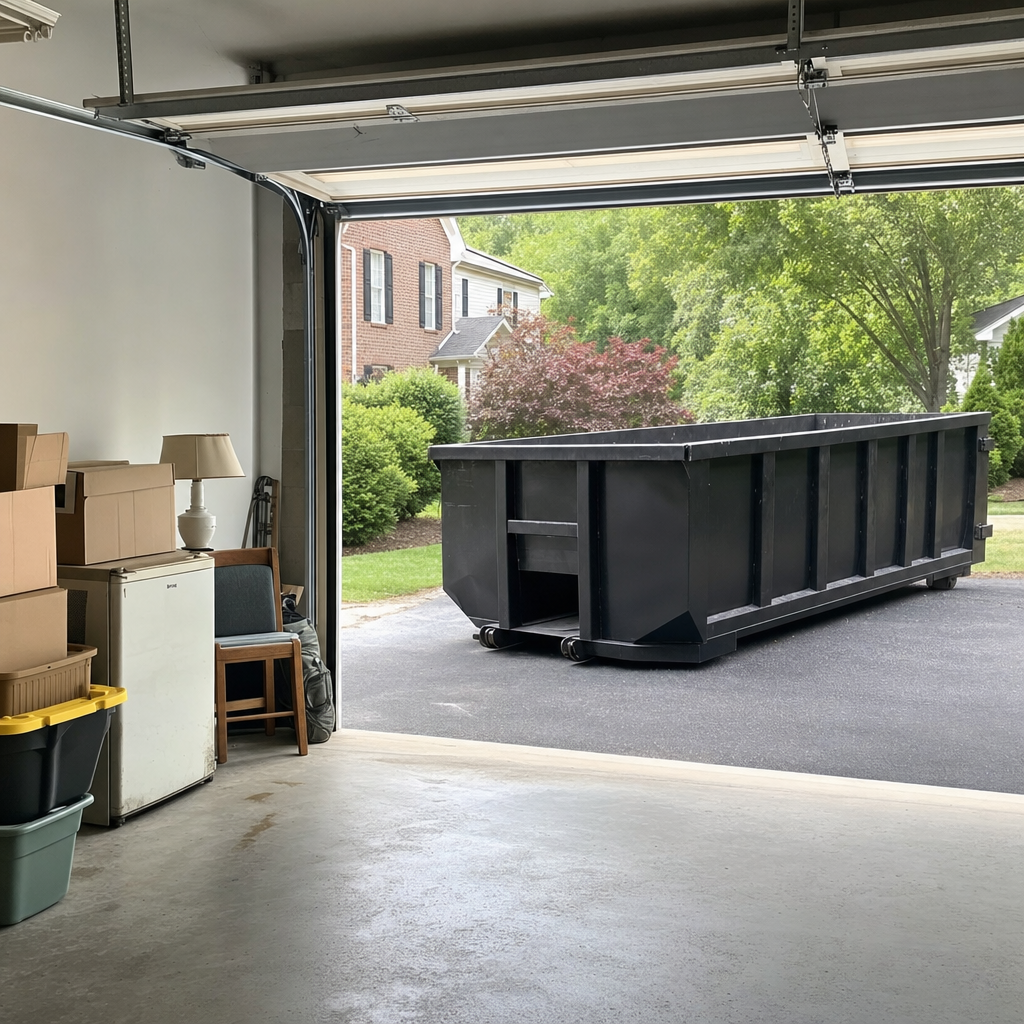 Open garage interior in a Oklahoma City home mid-cleanout — boxed items, an old appliance, and stacked yard tools queued near the driveway for a matte-black roll-off dumpster, organized and calm
