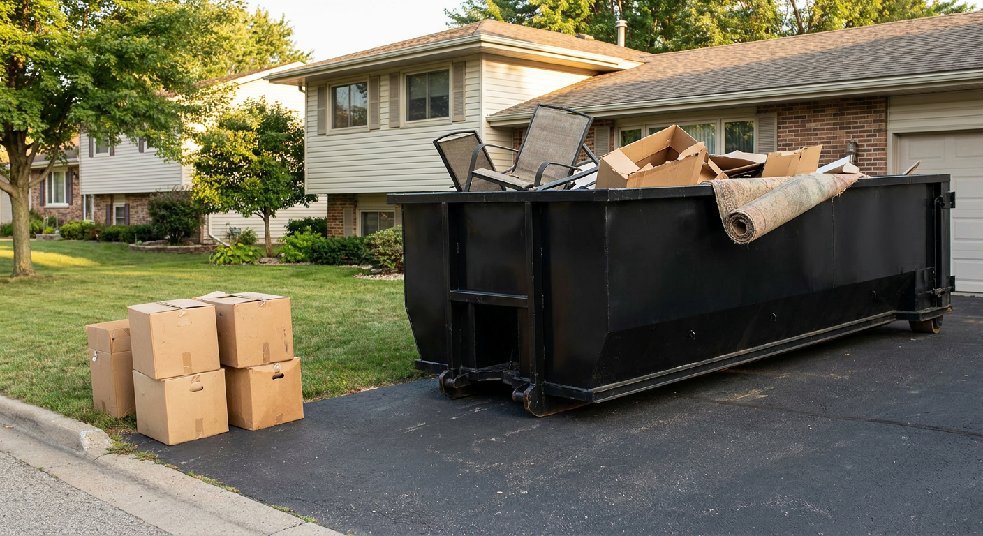 Front-yard view of a Oklahoma City split-level home with a 20-yard matte-black roll-off dumpster sitting directly on the asphalt driveway, a few clearly labeled donation boxes staged at the curb, calm sunny afternoon.