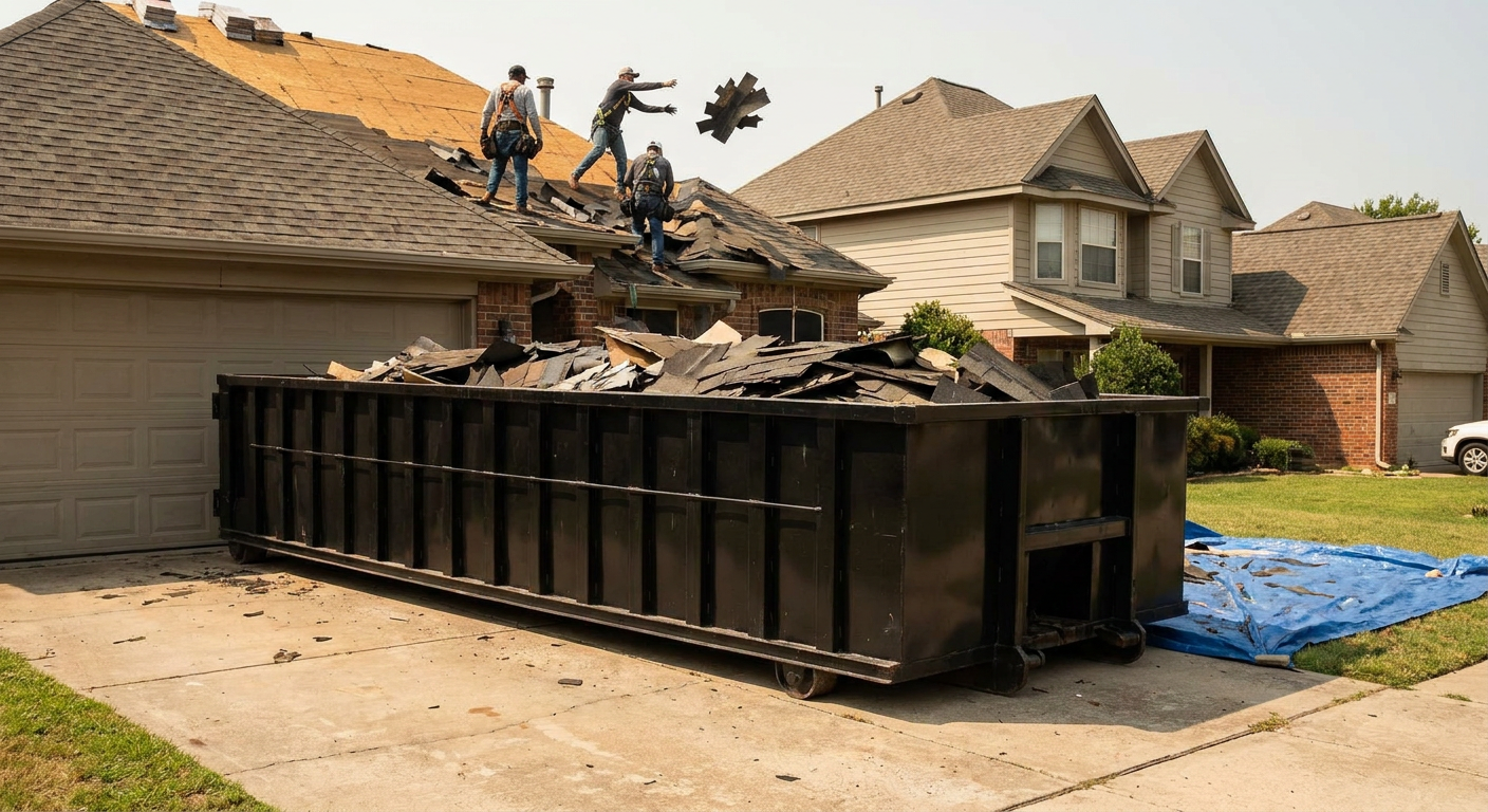 Matte-black roofing roll-off dumpster placed directly on a Oklahoma City residential concrete driveway, a tear-off crew on a two-story asphalt-shingle roof tossing shingle bundles into the low-walled container, bright daylight, documentary 35mm perspective.