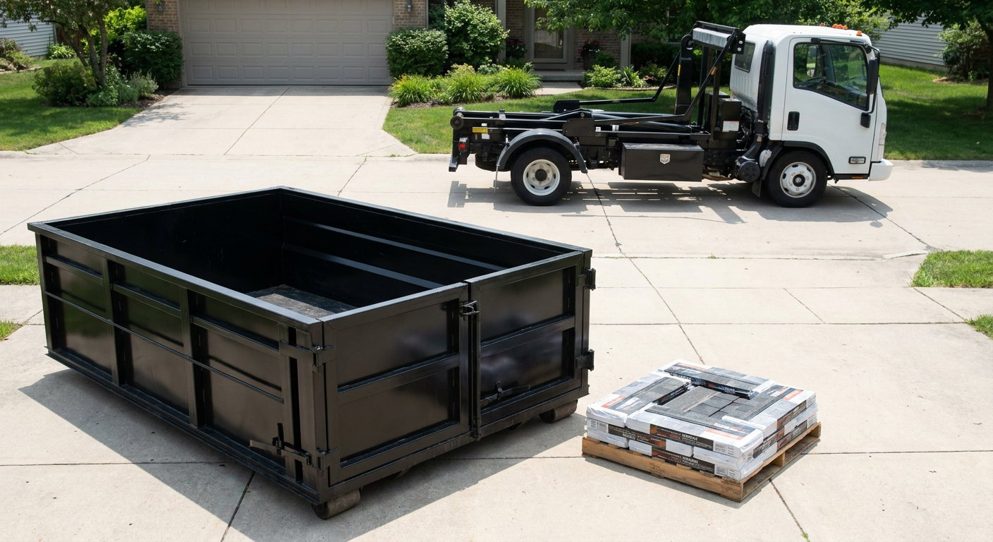 Matte-black 15-yard roofing roll-off dumpster with reinforced low side walls sitting directly on a Oklahoma City residential concrete driveway, three-tab asphalt shingle bundles stacked nearby, an unmarked white hauler truck partially visible at the edge of the frame.