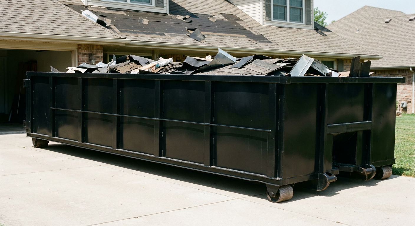 Matte-black 20-yard roofing roll-off dumpster with steel ribbed sides and swinging rear door, sitting directly on the concrete driveway of a two-story Oklahoma City home, asphalt shingle debris being loaded over the low wall, clean documentary lighting.