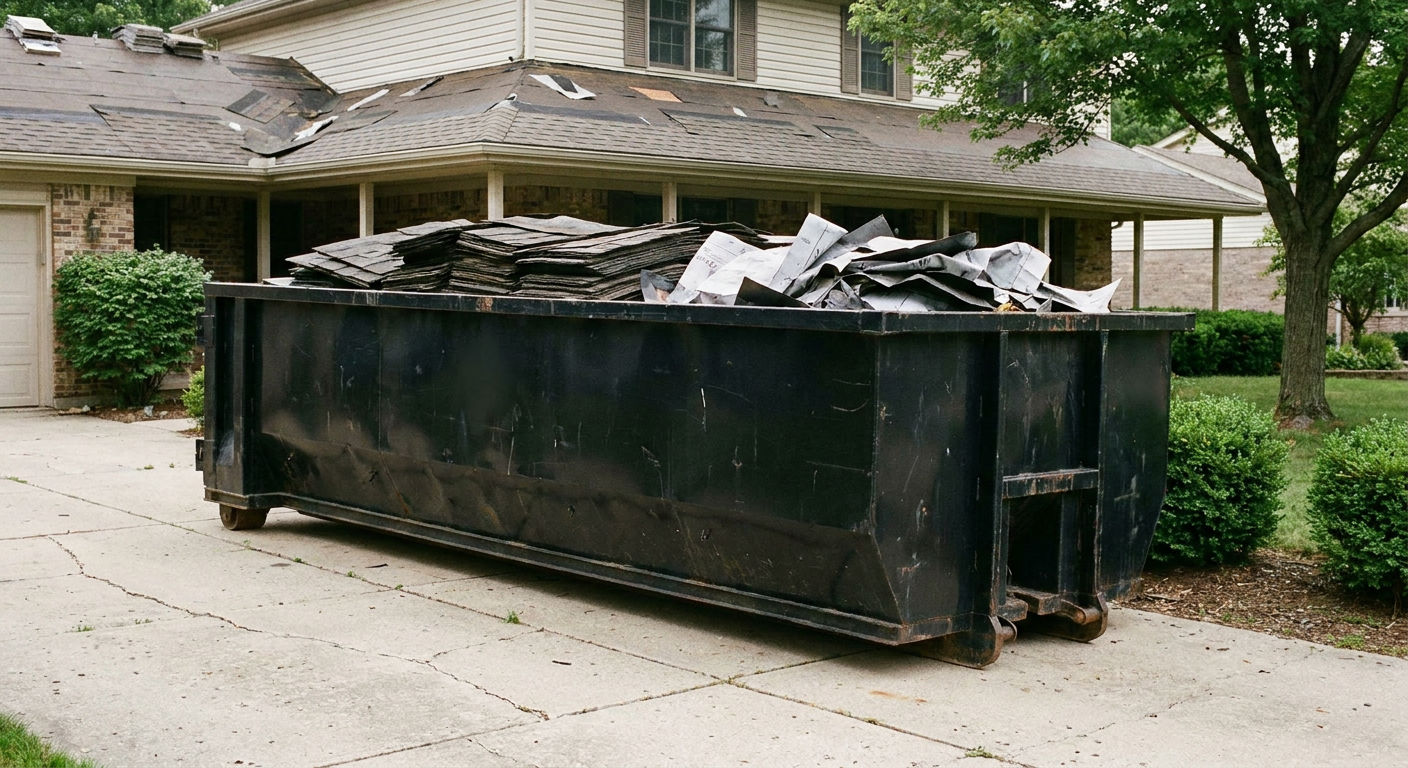 Matte-black 30-yard roofing roll-off dumpster sitting directly on a Oklahoma City concrete driveway, taller ribbed steel side panels, mixed tear-off debris of asphalt shingles and underlayment inside, professional documentary daylight.