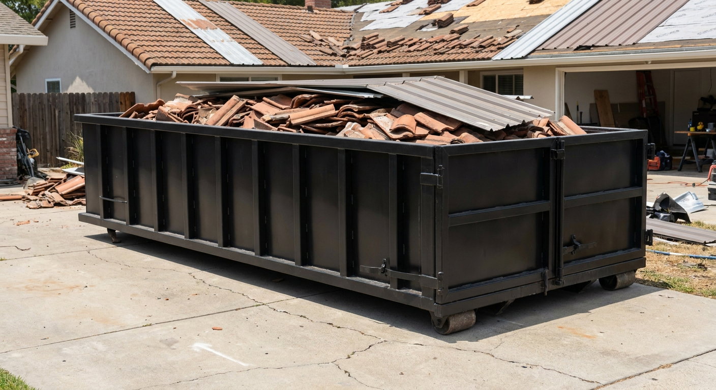 Matte-black low-wall heavy-debris roofing roll-off dumpster sitting directly on a Oklahoma City concrete driveway, broken concrete clay roof tiles and metal panel sections loaded inside, reinforced ribbed steel side walls visible, bright outdoor daylight.