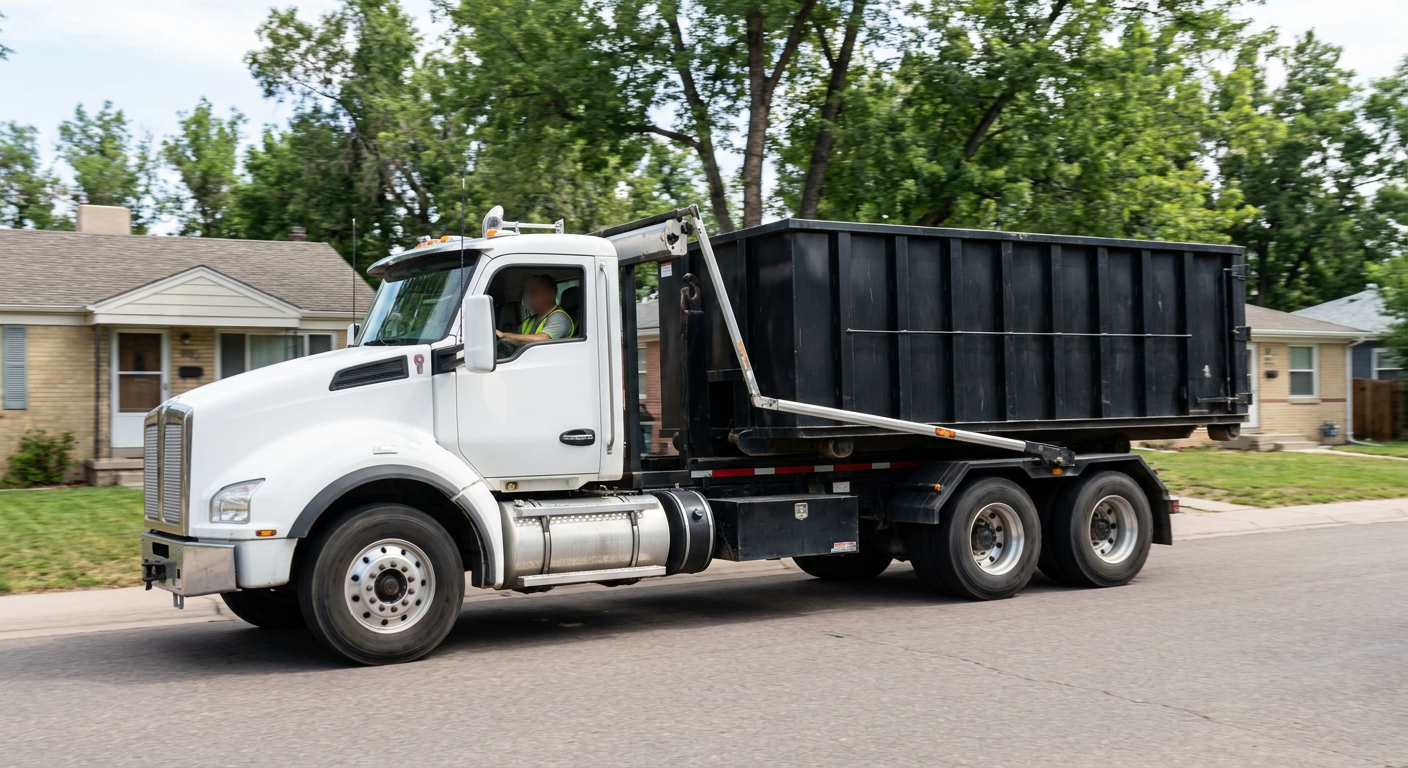 A wide documentary shot of a matte-black roll-off delivery truck pulling onto a quiet Oklahoma City residential street at mid-morning, with neighborhood rooftops and tree-lined blocks visible behind, showing the metro coverage footprint.