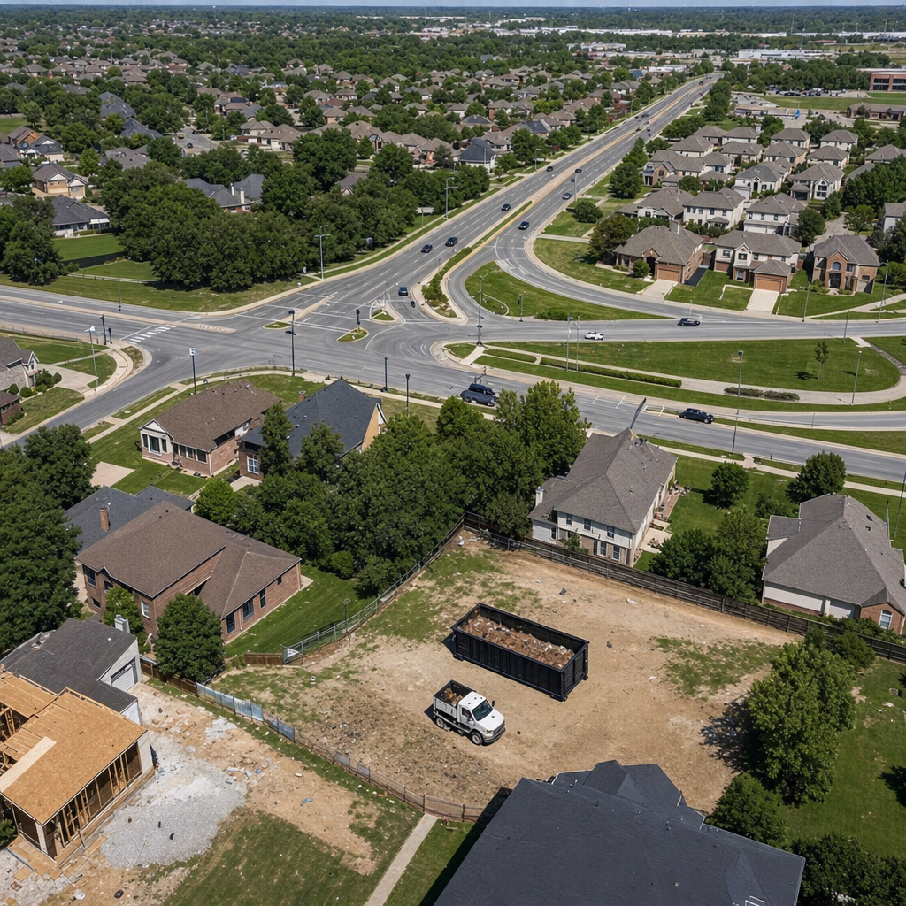 An overhead documentary view of the Oklahoma City metro area at midday, showing the spread of neighborhoods, arterial roads, and the dispatch radius from a central yard — clean daylight, organized geographic layout.