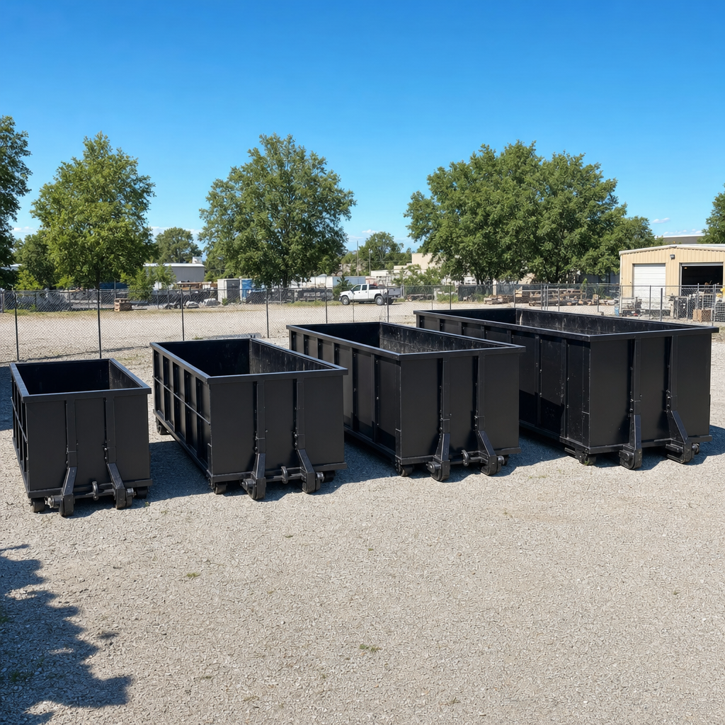 A clean lineup of matte-black roll-off dumpsters in 10, 20, 30, and 40-yard sizes staged on a sunlit gravel yard in Oklahoma City, showing the size progression from compact to commercial-scale containers.