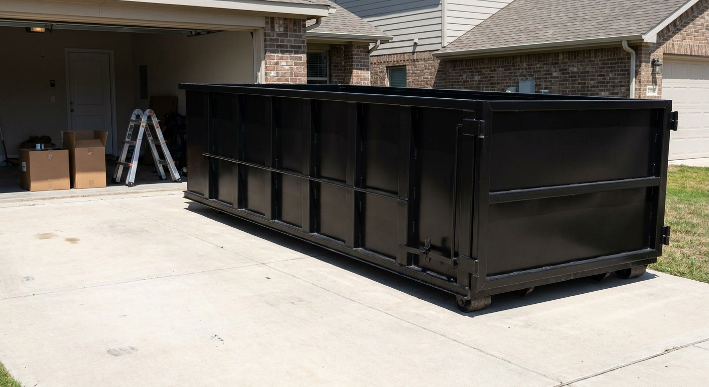 A matte-black 10-yard roll-off dumpster sitting directly on a residential Oklahoma City concrete driveway, mid-day sunlight, clean and ready for a garage cleanout.