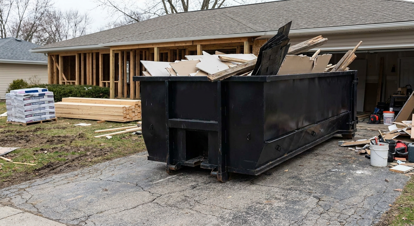 A matte-black 20-yard roll-off dumpster placed alongside a mid-renovation Oklahoma City home directly on the asphalt driveway, with framing materials and torn-off shingles staged neatly nearby.