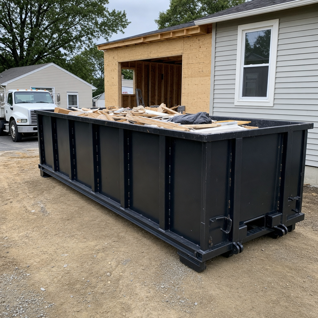 A matte-black 30-yard roll-off dumpster positioned at a Oklahoma City residential addition jobsite, with framing lumber and drywall scraps loaded through the open swinging rear doors.
