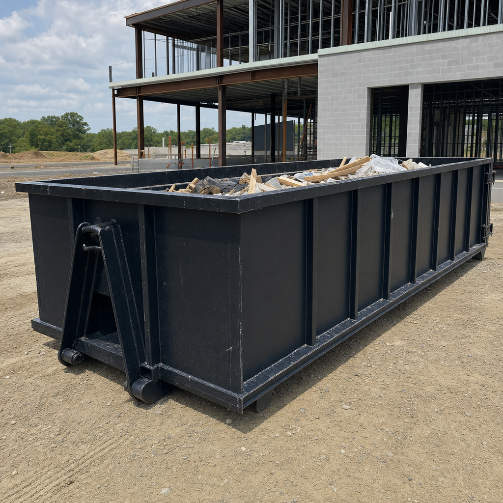 A matte-black 40-yard roll-off dumpster staged on a large Oklahoma City commercial construction lot, with a hooklift delivery truck parked alongside under bright midday sky.