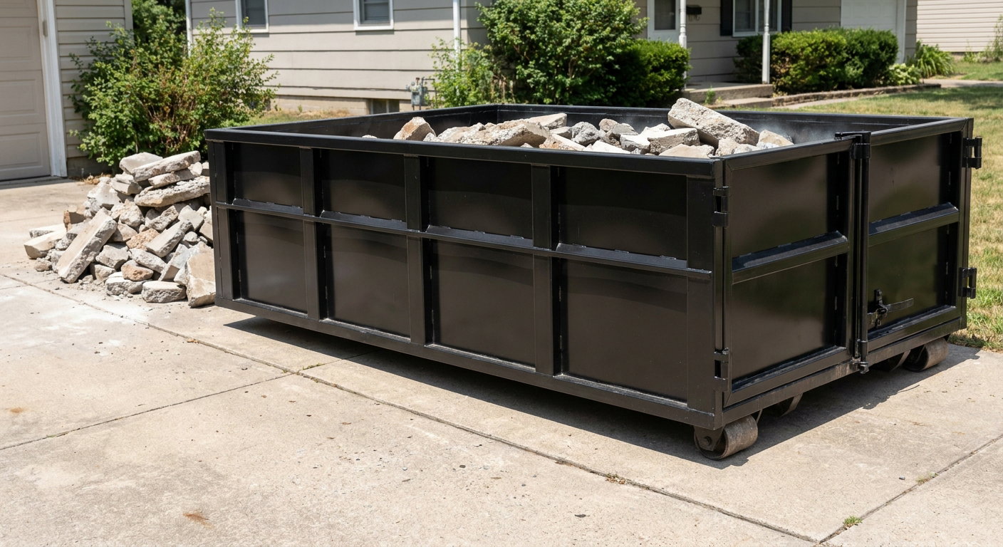 A matte-black low-side heavy-debris roll-off dumpster placed directly on a Oklahoma City concrete driveway, with broken concrete chunks neatly stacked beside it under clean daylight.